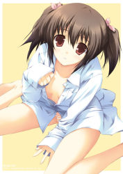 Rule 34 | 00s, 1girl, barefoot, bottomless, brown eyes, brown hair, dress shirt, female focus, flower, hair flower, hair ornament, hair ribbon, no pants, open clothes, open shirt, orange panties, panties, ribbon, shirt, short hair, short twintails, simple background, sitting, solo, spread legs, striped clothes, striped panties, to heart (series), to heart 2, tomose shunsaku, twintails, underwear, yuzuhara konomi
