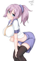 Rule 34 | 1girl, absurdres, aoba (kancolle), black thighhighs, blue eyes, blue scrunchie, breasts, commentary request, dated, highres, kantai collection, large breasts, leaning forward, maru (marg0613), midriff, neckerchief, one-hour drawing challenge, ponytail, purple hair, purple sailor collar, purple shorts, sailor collar, sailor shirt, scrunchie, shirt, shorts, simple background, solo, thighhighs, twitter username, white background, white shirt, yellow neckerchief
