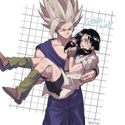 1boy 1girl :o bike_shorts black_hair black_shorts blue_eyes blush brown_footwear brown_gloves carrying closed_mouth dougi dragon_ball dragon_ball_super dragon_ball_super_super_hero dragonball_z english_text fingerless_gloves gloves gohan_beast green_socks grey_hair highres interlocked_fingers living_(nsiring) long_bangs long_hair looking_at_another muscular muscular_male open_mouth own_hands_together pectorals princess_carry red_eyes shirt short_sleeves shorts socks son_gohan spiked_hair sweatdrop twintails twitter_username videl white_shirt wristband