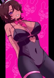 Rule 34 | 1girl, animal ears, black leotard, bow, bowtie, breasts, brown hair, chest harness, clothing cutout, cowboy shot, fishnet pantyhose, fishnets, genderswap, genderswap (mtf), hair ornament, hairband, harness, heart, heart-shaped pupils, heart cutout, heathcliff (project moon), highres, large breasts, leotard, limbus company, looking at viewer, necktie, ngancurindunia, pantyhose, pillarboxed, pink background, pink bow, pink bowtie, pink necktie, project moon, purple eyes, rabbit ears, rabbit hole (vocaloid), solo, symbol-shaped pupils, thigh strap, white hairband, x hair ornament