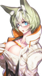 Rule 34 | 1girl, absurdres, animal ear fluff, animal ears, arknights, blue eyes, breasts, cleavage, commentary request, glasses, green hair, highres, jacket, large breasts, looking at viewer, multicolored hair, proviso (arknights), shirt, short hair, simple background, solo, streaked hair, upper body, white background, white hair, white jacket, white shirt, yamauchi (conan-comy)