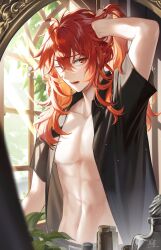 Rule 34 | absurdres, arm up, black shirt, diluc (genshin impact), genshin impact, hair between eyes, highres, long hair, male focus, mirror, muscular, muscular male, navel, noes, one eye closed, open clothes, open mouth, open shirt, red eyes, red hair, shirt, stomach