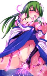 Rule 34 | 1girl, amatou3, blue eyes, corruption, dark persona, elbow gloves, frog hair ornament, gloves, green hair, hair ornament, heart, heart-shaped pupils, highres, japanese clothes, kimono, kochiya sanae, long hair, looking at viewer, nipples, open mouth, pubic tattoo, pussy, saliva, solo, steam, symbol-shaped pupils, tattoo, tentacles, touhou, white background, white kimono