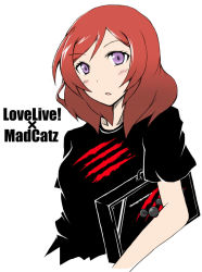 Rule 34 | 10s, 1girl, arcade stick, blush, controller, game controller, hiya (dkr), joystick, love live!, love live! school idol project, mad catz, nishikino maki, portrait, product placement, purple eyes, red hair, shirt, short hair, simple background, solo, t-shirt