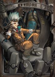 Rule 34 | 1boy, belt, boots, brown belt, brown gloves, brown pants, commentary, dr. stone, english commentary, gears, gloves, goggles, grey hair, hair between eyes, ishigami senkuu, jacket, looking at viewer, ly hao nguyen, male focus, mecha, pants, pouch, red eyes, robot, sitting, solo
