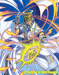 Rule 34 | 1boy, azusa (hws), blonde hair, cardfight!! vanguard, company name, feathered wings, glasses, gloves, headphones, male focus, necktie, official art, solo, surgical celestial batariel, teeth, wings, yellow eyes