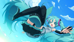 Rule 34 | 1girl, aqua eyes, aqua hair, cloud, convenient skirt, day, detached sleeves, fisheye, flying, hatsune miku, hisasi, long hair, looking at viewer, necktie, open mouth, outstretched arms, skirt, sky, smile, solo, spread arms, thigh gap, thighhighs, thighs, twintails, very long hair, vocaloid, yamaha, zettai ryouiki