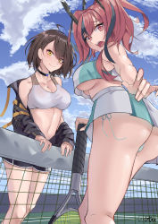 Rule 34 | 2girls, absurdres, ass, azur lane, baltimore (azur lane), baltimore (black ace) (azur lane), bare shoulders, blush, bow, breasts, bremerton (azur lane), bremerton (scorching-hot training) (azur lane), brown hair, commentary request, crop top, crop top overhang, day, embarrassed, from behind, grey hair, hair between eyes, hair bow, hair ornament, hairclip, harris hero, highres, large breasts, long hair, looking at viewer, multicolored hair, multiple girls, no mole, open mouth, outdoors, panties, pink hair, shirt, side-tie panties, sleeveless, sleeveless shirt, smile, sports bra, sportswear, streaked hair, striped clothes, striped panties, tennis court, tennis net, tennis uniform, twintails, two-tone hair, two-tone shirt, two-tone skirt, underwear, white sports bra, x hair ornament, yellow eyes