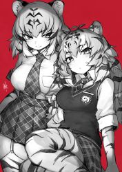 Rule 34 | 2girls, animal ears, animal print, bow, breast pocket, closed eyes, collared shirt, commentary request, extra ears, eyes visible through hair, garter straps, gloves, greyscale, greyscale with colored background, hair between eyes, hair bow, hatagaya, japari symbol, kemono friends, long hair, looking at viewer, low-tied long hair, medium hair, monochrome, multicolored hair, multiple girls, necktie, parted lips, plaid, plaid neckwear, plaid skirt, plaid sleeves, pocket, print gloves, print legwear, red background, shirt, short sleeves, siberian tiger (kemono friends), sidelocks, signature, simple background, sitting, skirt, slit pupils, smile, standing, sweater vest, thighhighs, tiger (kemono friends), tiger ears, tiger print, tsurime, twintails, wing collar, zettai ryouiki