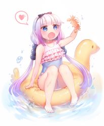 Rule 34 | 10s, 1girl, animal, bad id, bad pixiv id, blue eyes, bow, casual one-piece swimsuit, crab, drooling, frilled swimsuit, frills, hairband, heart, holding, holding animal, innertube, kanna kamui, kobayashi-san chi no maidragon, long hair, looking away, multicolored hair, one-piece swimsuit, open mouth, ozzingo, purple hair, saliva, silver hair, sitting, solo, speech bubble, spoken heart, swim ring, swimsuit, twintails, two-tone hair