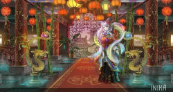 Rule 34 | 1girl, animal ears, architecture, artist name, bad id, bad pixiv id, bamboo, blush, brown eyes, east asian architecture, fox ears, high collar, indoors, inika, lantern, long hair, looking at viewer, original, paper lantern, parted lips, plant, scenery, silver hair, smile, solo, standing, statue, steam, wide shot