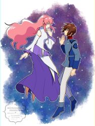 1boy 1girl absurdres blue_eyes breasts brown_hair dress gundam gundam_seed gundam_seed_freedom hair_ornament highres jacket kira_yamato lacus_clyne long_hair long_sleeves looking_at_another military military_uniform pants pink_hair purple_eyes rrrisyf shirt short_hair smile very_long_hair