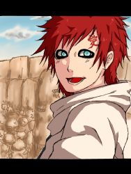 Rule 34 | 1boy, decomposition f, facial mark, gaara (naruto), green eyes, male focus, naruto, naruto (series), red hair, short hair, simple background, sky, smile, village, white background