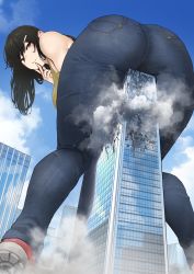 Rule 34 | 1girl, ass, bare shoulders, black hair, blue sky, building, cloud, commentary request, day, denim, destruction, finger to own chin, from below, giant, giantess, hair ornament, hairclip, highres, jeans, original, pants, red footwear, shoes, sky, skyscraper, smile, sneakers, tank top, uru (uru0000)