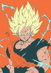 Rule 34 | 1boy, absurdres, artist name, biceps, black sash, black shirt, black wristband, blonde hair, clenched hands, closed mouth, collarbone, commentary request, dougi, dragon ball, dragonball z, electricity, energy, green eyes, highres, looking at viewer, male focus, muscular, muscular male, orange background, pectoral cleavage, pectorals, sash, scratches, serious, seya (asasei 718), shirt, short sleeves, signature, simple background, solo, son goku, spiked hair, super saiyan, super saiyan 2, torn clothes, torn shirt, upper body, v-shaped eyebrows, wristband