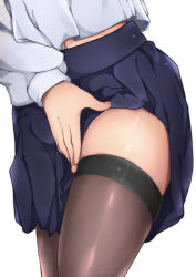 Rule 34 | 1girl, artist name, black thighhighs, brown thighhighs, close-up, clothes lift, hand on own thigh, highres, lower body, midriff peek, navel, original, pleated skirt, school uniform, shiny clothes, shiny skin, shymiruku, simple background, skirt, skirt lift, solo, standing, thighhighs, zettai ryouiki