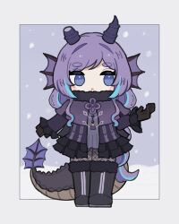 Rule 34 | 1girl, :o, absurdres, black footwear, black gloves, black jacket, blue eyes, blue hair, boots, broken horn, chibi, commentary request, commission, dress, fins, fishnet pantyhose, fishnets, frilled jacket, frilled sleeves, frills, full body, fur-trimmed boots, fur trim, gloves, grey dress, head fins, highres, horns, jacket, long hair, long sleeves, multicolored hair, original, pantyhose, parted lips, pixiv commission, purple hair, snow, snowing, solo, someyaya, standing, streaked hair, tail, very long hair