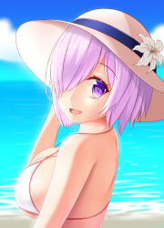 Rule 34 | 1girl, bad id, bad pixiv id, beach, bikini, blue sky, breasts, cloud, commentary request, day, fate/grand order, fate (series), flower, from side, hair over one eye, hat, hat flower, highres, large breasts, looking at viewer, looking back, mash kyrielight, nekoda (maoda), ocean, outdoors, purple eyes, purple hair, revision, short sleeves, sky, solo, swimsuit, upper body, water, white bikini