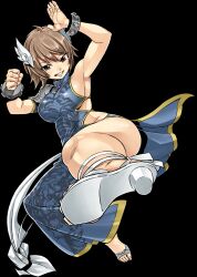 Rule 34 | blue dress, bracelet, brown eyes, brown hair, chinese clothes, dress, flower, full body, gate of nightmares, hair ornament, hair wings, high heels, highres, jewelry, kicking, mashima hiro, mei fang (gate of nightmares), official art, pelvic curtain, sandals, shoes, short hair, smile, solo, teeth, transparent background, white flower
