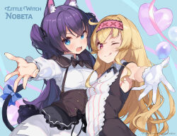 Rule 34 | 2girls, animal ear fluff, animal ears, armpit peek, balloon, black tail, blonde hair, blue eyes, blush, bow, breasts, cat ears, cat girl, cat tail, copyright name, copyright notice, dress, gloves, hair between eyes, hairband, heart, heart balloon, highres, little witch nobeta, long hair, long sleeves, looking at viewer, medium breasts, multiple girls, nobeta, official art, one eye closed, open mouth, outstretched arm, phyllis (human) (little witch nobeta), phyllis (little witch nobeta), purple hair, red eyes, red hairband, ribbon, sleeveless, sleeveless dress, small breasts, tail, tail bow, tail ornament, tail ribbon, tongue, tongue out, twintails, very long hair, white gloves