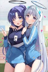 Rule 34 | 2girls, ;d, black shirt, blue archive, blue buruma, blue eyes, blue jacket, blurry, blurry background, blush, breasts, buruma, closed mouth, confetti, cowboy shot, dot nose, gym uniform, halo, headgear, highres, hug, jacket, lanyard, long hair, long sleeves, looking at viewer, medium breasts, multiple girls, noa (blue archive), official alternate costume, one eye closed, open mouth, oryo (oryo04), outdoors, partially unzipped, ponytail, purple eyes, purple hair, shirt, smile, star sticker, sticker on face, thighs, track jacket, underwear, v, very long hair, white hair, yuuka (blue archive), yuuka (track) (blue archive)