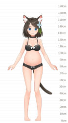 Rule 34 | 1girl, aina (mao lian), animal ear fluff, animal ears, arms at sides, bare arms, bare legs, bare shoulders, barefoot, black choker, blue eyes, bow, bow bra, bow panties, bra, breasts, brown bra, brown hair, brown panties, cat ears, cat tail, choker, closed mouth, full body, height chart, highres, looking at viewer, mao lian (nekokao), medium breasts, medium hair, navel, original, panties, pigeon-toed, pregnant, smile, solo, standing, tail, underwear, underwear only, white bow