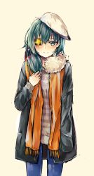 Rule 34 | 10s, 1girl, alternate costume, black hair, casual, coat, eyepatch, green eyes, green hair, hat, heart, heart-shaped pupils, highres, kantai collection, kiso (kancolle), maido mido, matching hair/eyes, personification, scarf, shiratan, short hair, solo, symbol-shaped pupils, winter clothes