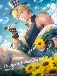 Rule 34 | 1boy, alternate costume, alternate hairstyle, battle tendency, birthday, black tank top, blonde hair, blue sky, brown gloves, bubble, bubble pipe, caesar anthonio zeppeli, commentary request, crossed legs, dated, day, dutch angle, english text, facial mark, fingerless gloves, fishnet top, fishnets, flower, gloves, green eyes, green jacket, hair ornament, happy birthday, hat, high collar, holding, holding flower, jacket, jewelry, jojo no kimyou na bouken, kuren, looking at viewer, male focus, muscular, muscular male, necklace, off shoulder, outdoors, petals, short hair, short ponytail, signature, sitting, sky, smile, solo, sunflower, tank top, taut clothes, top hat, v-neck, yellow flower