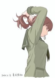 Rule 34 | 1girl, 2018, arms up, breasts, brown eyes, brown hair, commentary request, dated, green neckerchief, green sailor collar, green serafuku, hair tie, kantai collection, long hair, long sleeves, looking at viewer, machi0039, neckerchief, one-hour drawing challenge, ooi (kancolle), parted lips, sailor collar, school uniform, serafuku, simple background, solo, tying hair, upper body, white background