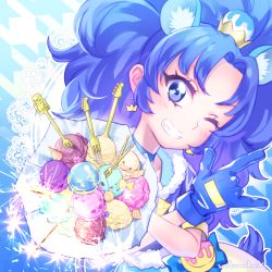 Rule 34 | 10s, 1girl, animal ears, blue background, blue bow, blue eyes, blue gloves, blue hair, blue neckwear, blue theme, bow, choker, crown, cure gelato, earrings, extra ears, food, fork, gloves, grin, ice cream, jewelry, kirakira precure a la mode, lion ears, long hair, looking at viewer, m/, magical girl, mini crown, name connection, object namesake, one eye closed, parted bangs, precure, smile, solo, tategami aoi, urbandusk