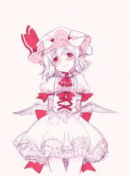 Rule 34 | 1girl, arms behind back, ascot, bat wings, blush, bow, corset, dress, hat, hat bow, head tilt, kurokuro, looking at viewer, mob cap, monochrome, petticoat, pink background, pink dress, pointy ears, puffy short sleeves, puffy sleeves, red eyes, remilia scarlet, short sleeves, silver hair, simple background, solo, spot color, touhou, wings