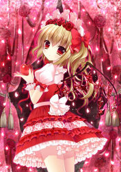 Rule 34 | 1girl, alternate headwear, apple, blonde hair, bow, curtains, dress, embellished costume, female focus, flandre scarlet, flower, food, frills, from behind, fruit, gathers, hair bow, hair flower, hair ornament, hairband, hat, holding, holding food, holding fruit, jpeg artifacts, kino (kino konomi), kino konomi, looking back, petals, red dress, red eyes, red flower, red ribbon, red rose, red skirt, red theme, ribbon, rose, side ponytail, skirt, solo, embodiment of scarlet devil, touhou, wings, wrist cuffs, wrist ribbon