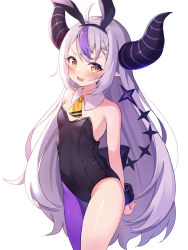 Rule 34 | 1girl, absurdres, ahoge, animal ears, arms behind back, ascot, black hairband, black leotard, blush, braid, breasts, commentary request, cowboy shot, demon horns, detached collar, fake animal ears, fang, hairband, hanen (borry), highres, hololive, holox, horns, la+ darknesss, leotard, long hair, looking at viewer, multicolored hair, open mouth, playboy bunny, pointy ears, purple hair, purple legwear, rabbit ears, silver hair, simple background, single leg pantyhose, skin fang, small breasts, solo, standing, strapless, strapless leotard, streaked hair, striped horns, tail, tail raised, v-shaped eyebrows, very long hair, virtual youtuber, white background, yellow ascot, yellow eyes