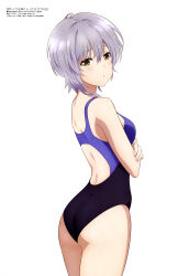 Rule 34 | 1girl, absurdres, ass, bare arms, black one-piece swimsuit, blue one-piece swimsuit, breasts, competition swimsuit, green eyes, hair between eyes, highres, jaku-chara tomozaki-kun, kikuchi fuuka, looking at viewer, megami magazine, official art, one-piece swimsuit, open mouth, scan, short hair, simple background, small breasts, solo, standing, swimsuit, two-tone one-piece swimsuit, white background, yellow eyes