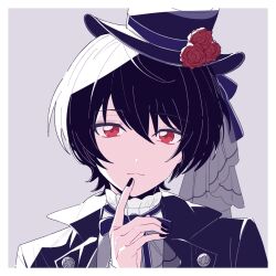 Rule 34 | 1boy, black hair, black nails, border, closed mouth, collared shirt, commentary request, ensemble stars!, fingernails, flower, flower hat, hat, highres, llli illli illl, looking at viewer, nail polish, neck ribbon, portrait, red eyes, red flower, red rose, ribbon, rose, sakuma ritsu, shirt, short hair, solo, white border