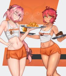 Rule 34 | 1boy, 1girl, astolfo (fate), breasts, hooters, long hair, pink hair, ran sk, red hair, short hair, small breasts, thick thighs, thighs, trap