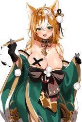 Rule 34 | 1girl, animal ears, areola slip, bare shoulders, black gloves, blush, body writing, breasts, cleavage, collarbone, fang, fox ears, fox girl, genshin impact, gloves, green eyes, green kimono, highres, hina (genshin impact), hominamia, japanese clothes, jewelry, kimono, large breasts, light brown hair, long hair, long sleeves, looking at viewer, multicolored hair, neck ring, off shoulder, open mouth, paintbrush, sash, smile, solo, streaked hair, white hair, wide sleeves, writing on breasts