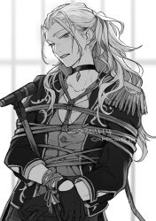 Rule 34 | 1boy, black gloves, blurry, choker, collarbone, depth of field, ensemble stars!, epaulettes, gloves, greyscale, idol clothes, jacket, long hair, long sleeves, looking at viewer, male focus, monochrome, open clothes, open jacket, parted lips, ponytail, ran nagisa, restrained, shibari, shoden, single epaulette, solo, twitter username, wavy hair, white hair, window