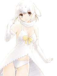 Rule 34 | 1girl, absurdres, backlighting, bare shoulders, breasts, collarbone, commentary, cowboy shot, dress, earrings, elbow gloves, fur collar, gloves, gluteal fold, harp seal (kemono friends), highres, jewelry, kemono friends, looking at viewer, medium breasts, panties, short hair, simple background, smile, solo, stylecase, underwear, white background, white dress, white gloves, white hair, white panties, white theme