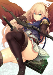 Rule 34 | 1girl, arisa (shadowverse), ass, blonde hair, boots, cloak, daiaru, elbow gloves, elf, gloves, green eyes, highres, long hair, pointy ears, shadowverse, smile, solo, thigh boots, thighhighs, thighs, weapon