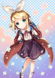 Rule 34 | 1girl, backpack, bad id, bad pixiv id, bag, bag charm, black footwear, black skirt, blonde hair, blush, brown coat, buttons, center frills, charm (object), closed mouth, coat, eyelashes, flat chest, frilled sleeves, frills, gradient background, green eyes, hair ornament, hair ribbon, hairclip, headphones, headset, kagamine rin, kona (canaria), long sleeves, looking at viewer, mary janes, microphone, musical note, neck ribbon, open clothes, open coat, plaid, plaid background, quaver, red ribbon, ribbon, shirt, shoes, short hair, skirt, smile, socks, solo, swept bangs, unbuttoned, vocaloid, white ribbon, white shirt, white socks