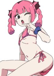 Rule 34 | 1girl, bikini, black eyes, breasts, coral (pokemon), creatures (company), fang, flamberge lo, game freak, navel, nintendo, one eye closed, open mouth, pink bikini, pink hair, pokemon, pokemon (anime), pokemon horizons, simple background, sketch, small breasts, solo, swimsuit, twintails, white background