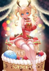 Rule 34 | + +, 1girl, :p, alternate costume, antlers, barbara (genshin impact), bare shoulders, bell, belt, between legs, blonde hair, blue eyes, breasts, cake, choker, christmas, detached sleeves, drill hair, food, fruit, full body, genshin impact, hand between legs, highres, horns, jingle bell, licking lips, long hair, long sleeves, looking at viewer, medium breasts, mengxin huazha, merry christmas, midriff, navel, red skirt, reindeer antlers, santa costume, sitting, skirt, slime, smile, solo, strawberry, thighhighs, tongue, tongue out, twin drills, twintails, v, white thighhighs