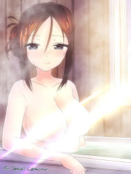 Rule 34 | 1girl, alternate hairstyle, artist name, bath, bathtub, blue eyes, blush, breasts, brown hair, cleavage, girls und panzer, hair up, highres, indoors, large breasts, light censor, looking at viewer, nonna (girls und panzer), nude, oekaki lemon, partially submerged, solo, steam, twitter username, water