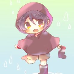 Rule 34 | 10s, 1girl, black hair, boots, brown eyes, chibi, full body, gradient background, kantai collection, kou hiyoyo, long sleeves, looking at viewer, mogami (kancolle), open mouth, raincoat, short hair, shorts, solo, standing, standing on one leg, unworn boot, unworn boots