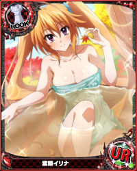 Rule 34 | 1girl, ahoge, arm support, blush, breast hold, breasts, card (medium), character name, chess piece, cleavage, covering privates, high school dxd, large breasts, long hair, nude cover, official art, onsen, orange hair, partially submerged, purple eyes, rook (chess), shidou irina, sitting, smile, solo, towel, trading card, twintails, very long hair
