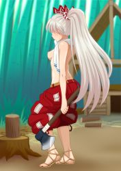Rule 34 | 1girl, axe, baggy pants, bamboo, bamboo forest, blurry, blurry background, blush, breasts, commentary request, dimples of venus, facing away, forest, fujiwara no mokou, full body, highres, iromeki overdrive, long hair, medium breasts, nature, pants, perky breasts, ponytail, sandals, solo, topfreedom, topless, touhou, towel, towel around neck, tree stump, very long hair, white hair