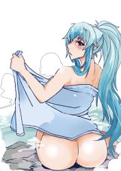 Rule 34 | 1girl, ass, bare shoulders, blue hair, blush, breasts, from behind, heiseikorotaisei, high ponytail, kamishirasawa keine, large breasts, long hair, looking at viewer, looking back, naked towel, onsen, ponytail, red eyes, rock, silhouette, simple background, sitting, solo, steam, touhou, towel, very long hair, white background