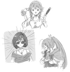 Rule 34 | 3girls, alternate costume, alternate hairstyle, bare shoulders, collarbone, comb, dot nose, closed eyes, gloves, greyscale, hair dryer, holding, holding comb, holding hair dryer, hololive, hololive english, jewelry, kisuu (oddnumberr ), long hair, monochrome, multiple girls, nanashi mumei, necklace, open mouth, ouro kronii, partially fingerless gloves, ponytail, short hair, sketch, solid circle eyes, sunglasses, takanashi kiara, triangle mouth, virtual youtuber