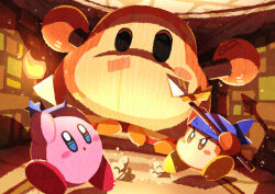 Rule 34 | absurdres, bandana, bandana waddle dee, blue bandana, blush stickers, candle, candlestand, colored skin, commentary request, highres, holding, holding candle, holding polearm, holding weapon, indoors, kirby, kirby&#039;s return to dream land, kirby (series), nintendo, no humans, pink skin, polearm, puppet waddle dee, running, shadow, signature, solid oval eyes, spear, waddle dee, watawata22, weapon